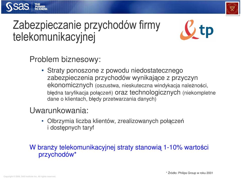 technologicznych (niekompletne dane o klientach, błędy przetwarzania danych) Uwarunkowania: Olbrzymia liczba klientów,