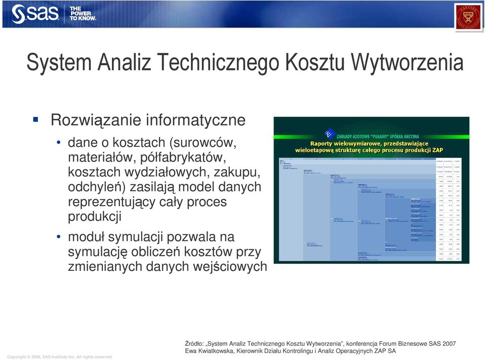 symulacji pozwala na symulację obliczeń kosztów przy zmienianych danych wejściowych Źródło: System Analiz Technicznego