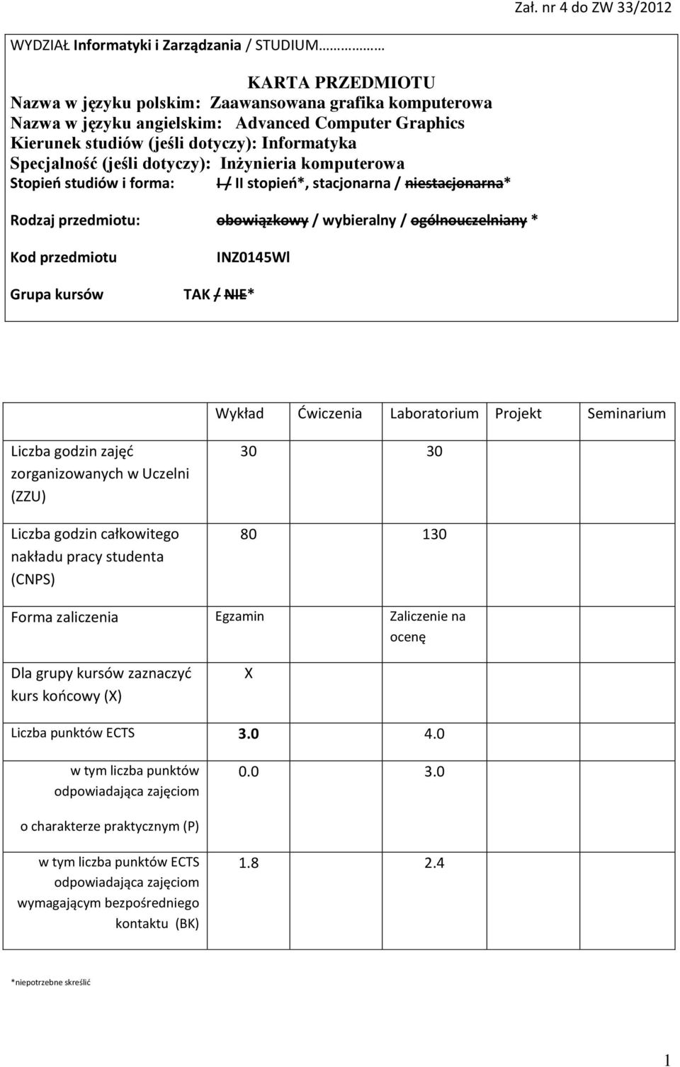 obowiązkowy / wybieralny / ogólnouczelniany * Kod przedmiotu Grupa kursów INZ045Wl TAK / NIE* Wykład Ćwiczenia Laboratorium Projekt Seminarium zajęć zorganizowanych w Uczelni (ZZU) całkowitego