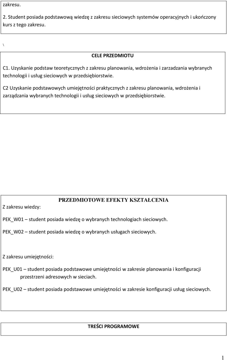 C Uzyskanie podstawowych umiejętności praktycznych z zakresu planowania, wdrożenia i zarządzania wybranych technologii i usług sieciowych w przedsiębiorstwie.