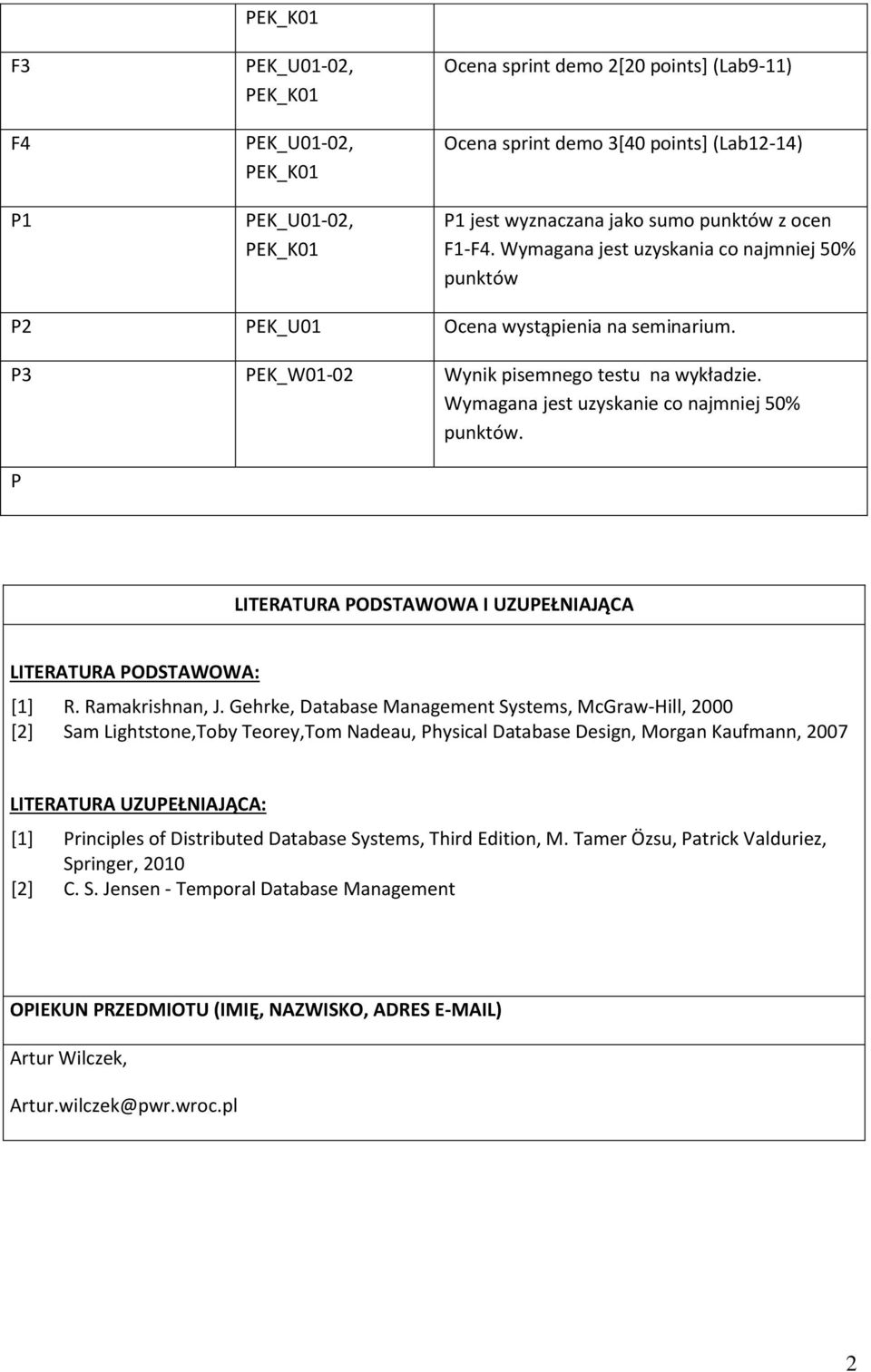 P LITERATURA PODSTAWOWA I UZUPEŁNIAJĄCA LITERATURA PODSTAWOWA: [] R. Ramakrishnan, J.