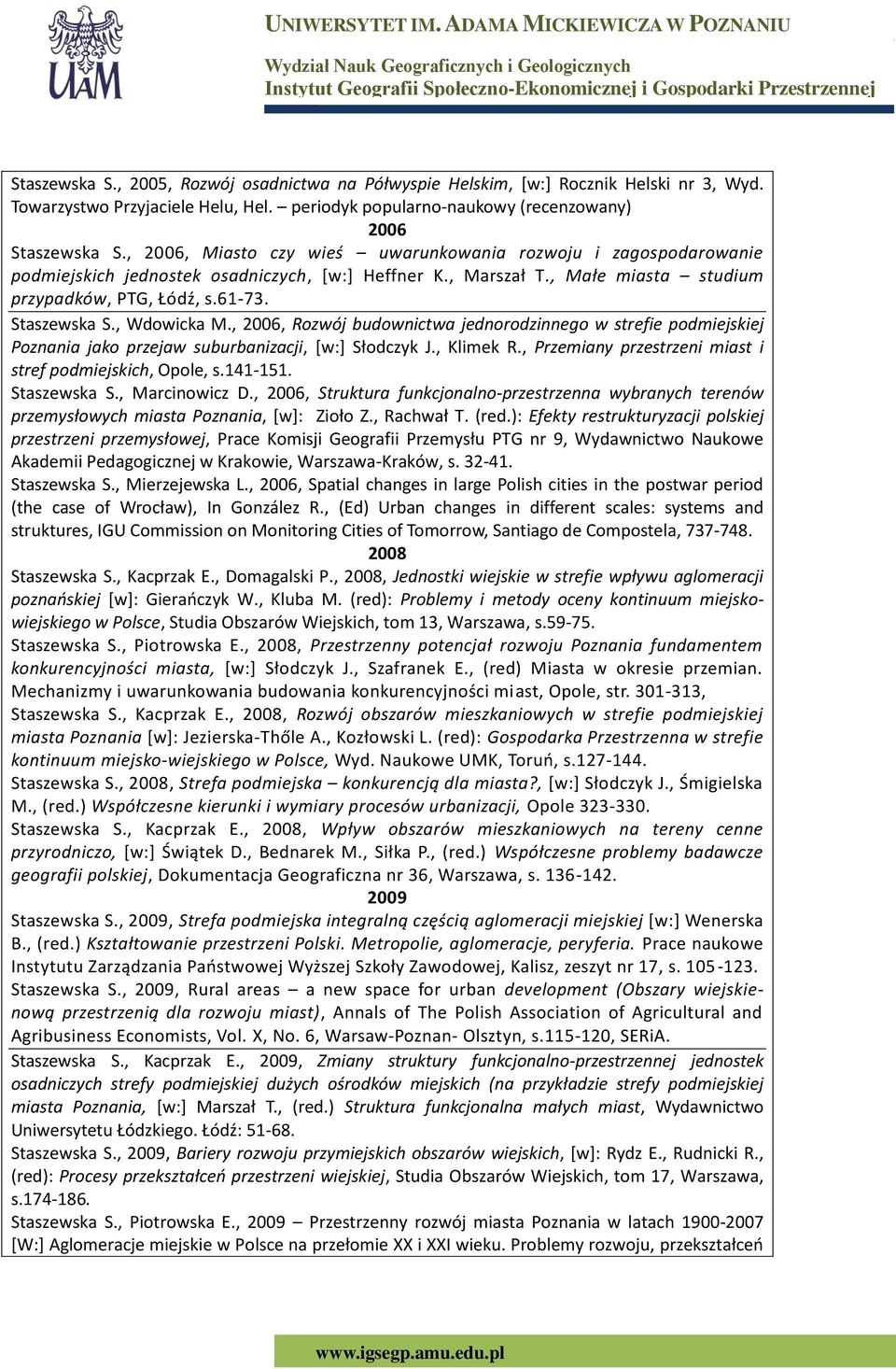 , Wdowicka M., 2006, Rozwój budownictwa jednorodzinnego w strefie podmiejskiej Poznania jako przejaw suburbanizacji, [w:] Słodczyk J., Klimek R.