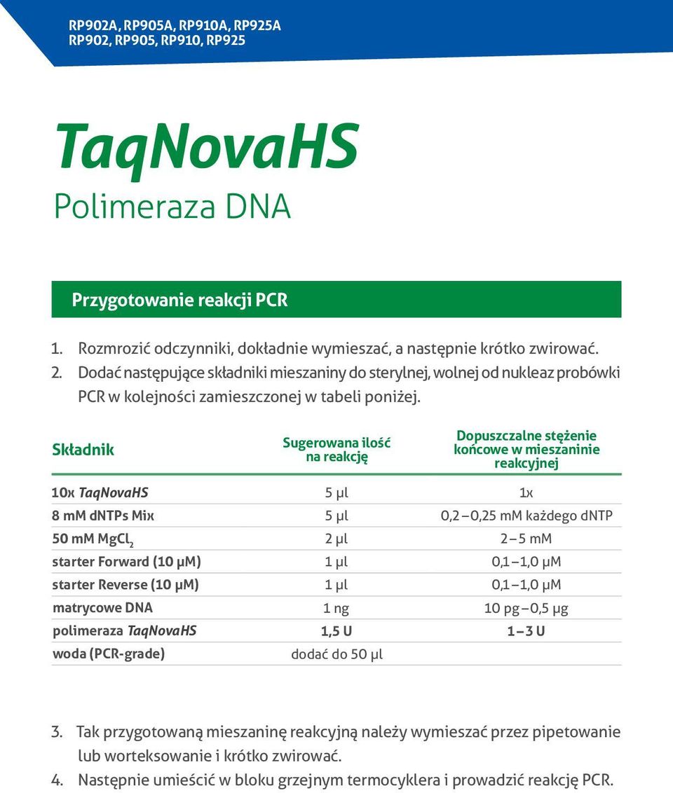 Składnik Sugerowana ilość na reakcję Dopuszczalne stężenie końcowe w mieszaninie reakcyjnej 10x TaqNovaHS 5 μl 1x 8 mm dntps Mix 5 μl 0,2 0,25 mm każdego dntp 50 mm MgCl 2 2 μl 2 5 mm starter Forward