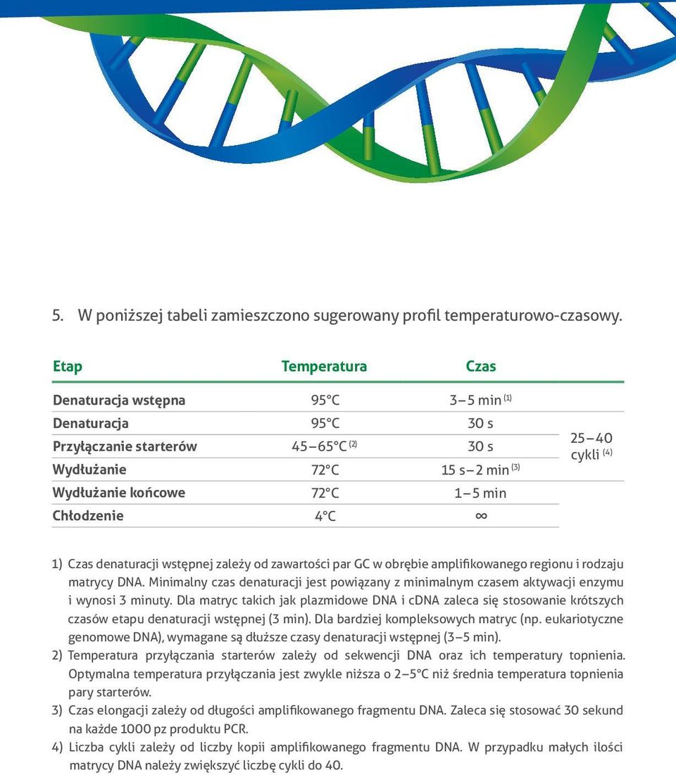 25 40 cykli (4) 1) Czas denaturacji wstępnej zależy od zawartości par GC w obrębie amplifikowanego regionu i rodzaju matrycy DNA.