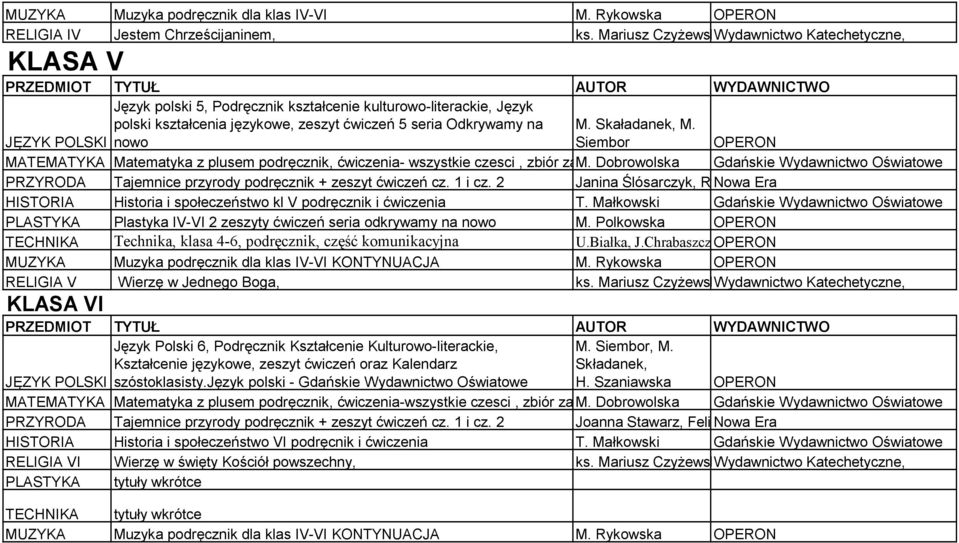 Skaładanek, M. JĘZYK POLSKI nowo Siembor OPERON MATEMATYKA Matematyka z plusem podręcznik, ćwiczenia- wszystkie czesci, zbiór zadań M.