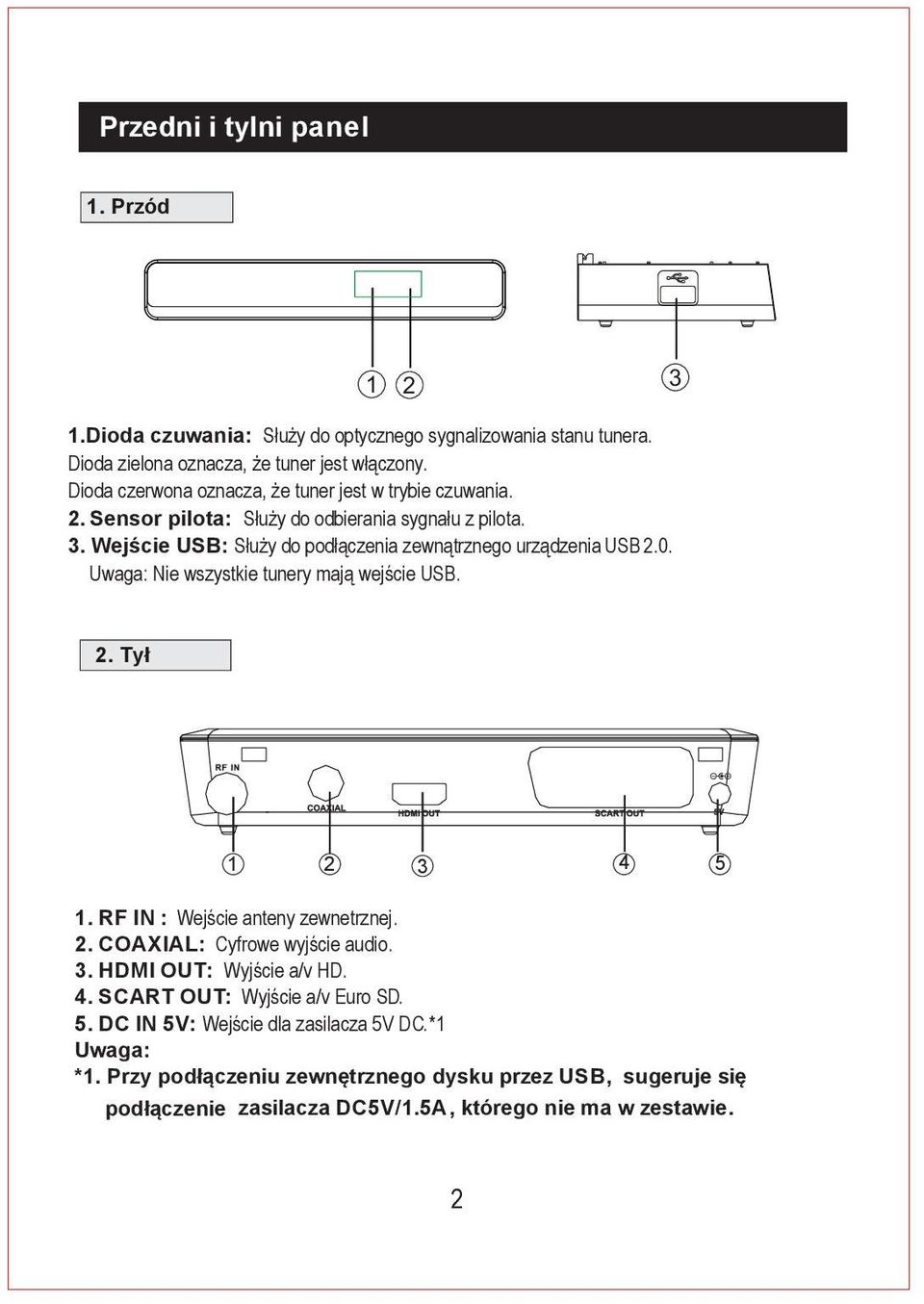 Wejście USB: Służy do podłączenia zewnątrznego urządzenia USB 2.0. Uwaga: Nie wszystkie tunery mają wejście USB. 2. Tył 1 2 3 4 5 1. RF IN : Wejście anteny zewnetrznej. 2. COAXIAL: Cyfrowe wyjście audio.