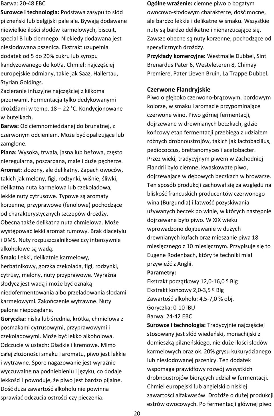 Chmiel: najczęściej europejskie odmiany, takie jak Saaz, Hallertau, Styrian Goldings. Zacieranie infuzyjne najczęściej z kilkoma przerwami. Fermentacja tylko dedykowanymi drożdżami w temp. 18 22 C.