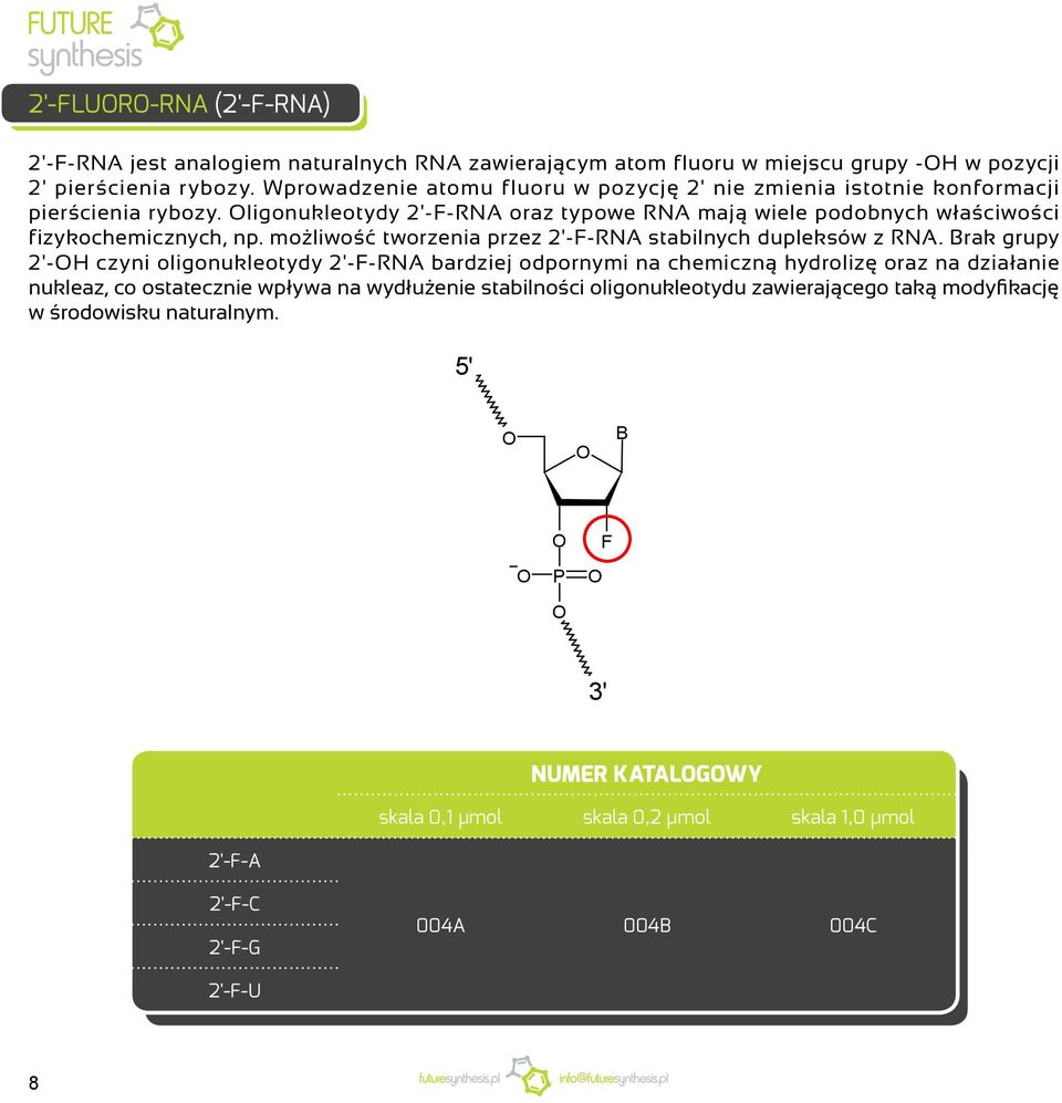 ligonukleotydy 2'-F-RNA oraz typowe RNA mają wiele podobnych właściwości fizyko chemicznych, np. możliwość tworzenia przez 2'-F-RNA stabilnych dupleksów z RNA.