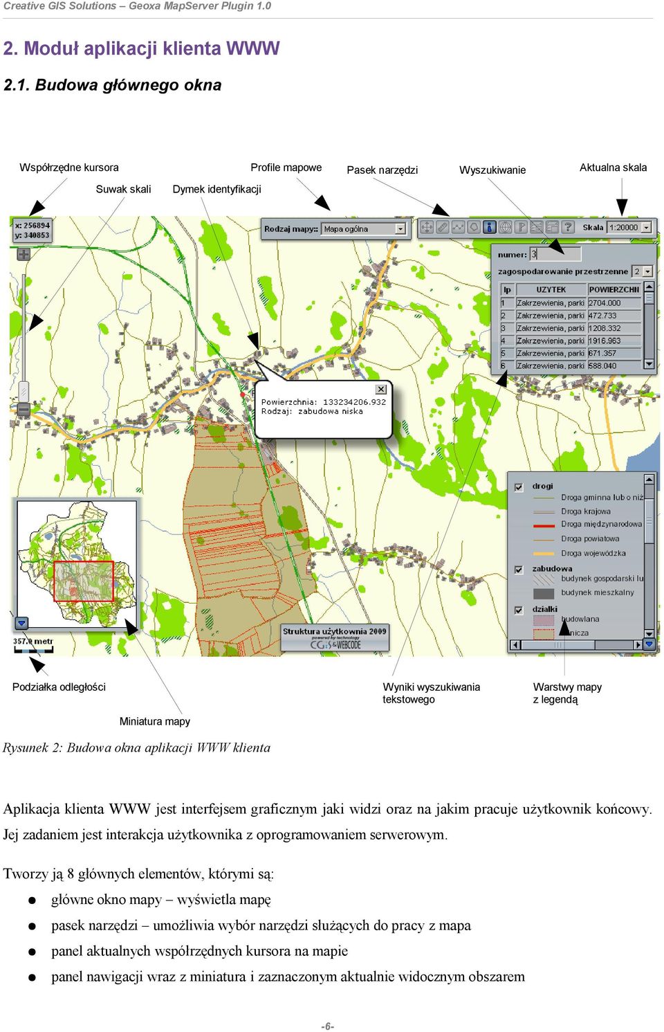 Warstwy mapy z legendą Miniatura mapy Rysunek 2: Budowa okna aplikacji WWW klienta Aplikacja klienta WWW jest interfejsem graficznym jaki widzi oraz na jakim pracuje użytkownik końcowy.