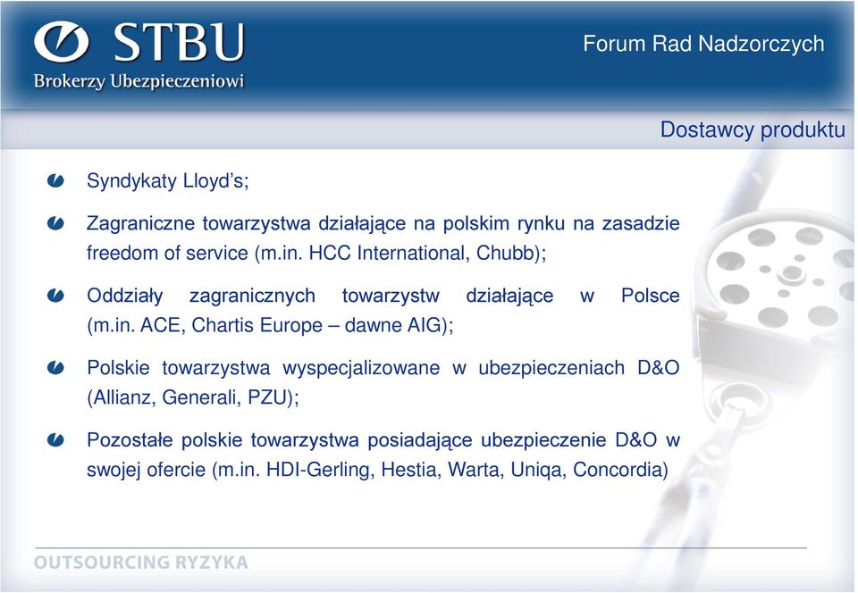 HCC International, Chubb); Oddziały zagranicznych towarzystw działające w Polsce (m.in.