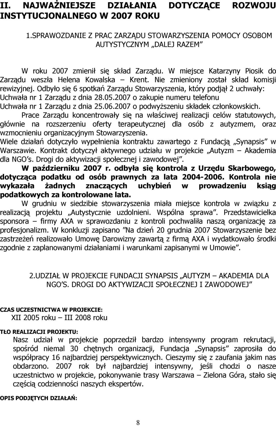 Odbyło się 6 spotkań Zarządu Stowarzyszenia, który podjął 2 uchwały: Uchwała nr 1 Zarządu z dnia 28.05.2007 o zakupie numeru telefonu Uchwała nr 1 Zarządu z dnia 25.06.