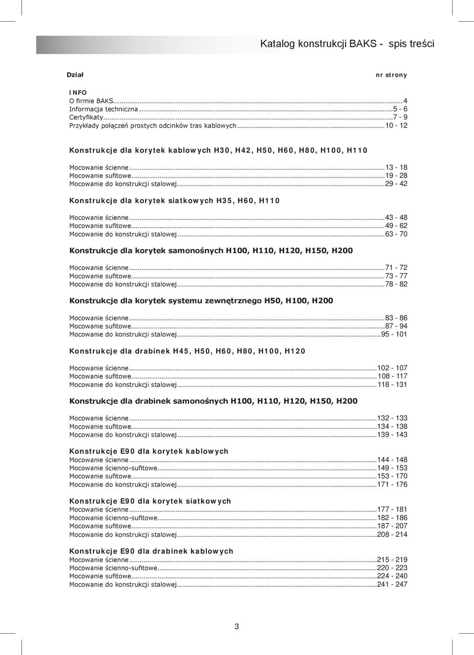 ..29-42 Konstrukcje dla korytek siatkowych H35, H60, H110 Mocowanie ścienne...43-48 Mocowanie sufitowe...49-62 Mocowanie do konstrukcji stalowej.