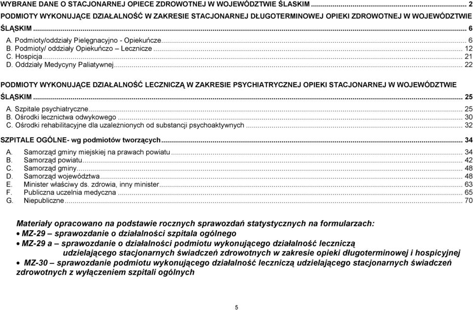 .. 22 PODMIOTY WYKONUJĄCE DZIAŁALNOŚĆ LECZNICZĄ W ZAKRESIE PSYCHIATRYCZNEJ OPIEKI STACJONARNEJ W WOJEWÓDZTWIE ŚLĄSKIM... 25 A. Szpitale psychiatryczne... 25 B. Ośrodki lecznictwa odwykowego... 30 C.