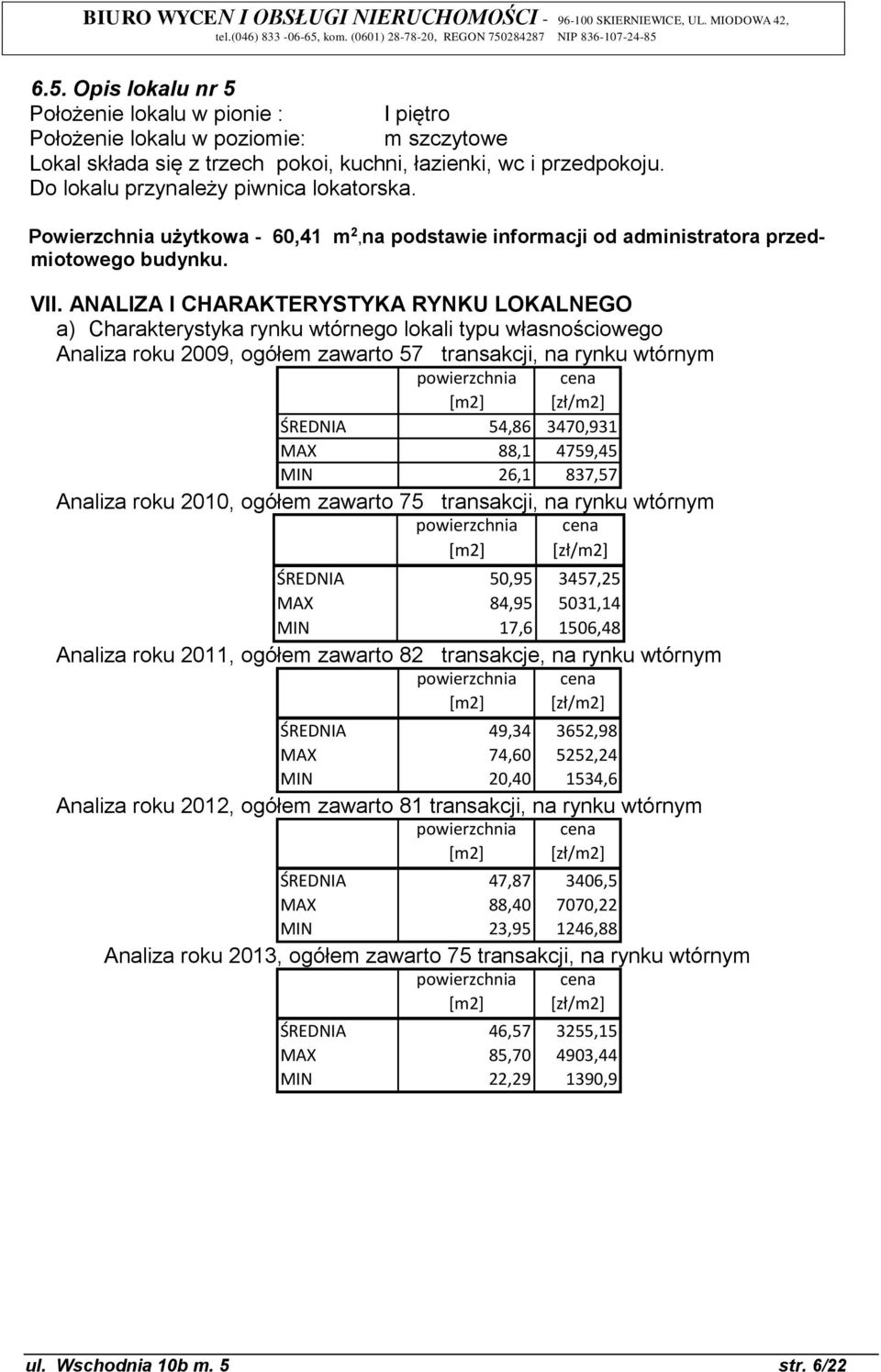 ANALIZA I CHARAKTERYSTYKA RYNKU LOKALNEGO a) Charakterystyka rynku wtórnego lokali typu własnościowego Analiza roku 2009, ogółem zawarto 57 transakcji, na rynku wtórnym powierzchnia [m2] cena [zł/m2]