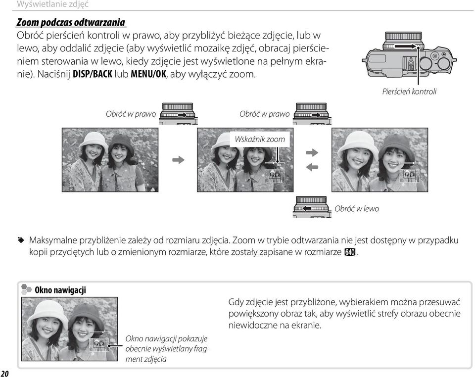 Pierścień kontroli Obróć w prawo Obróć w prawo 100-0001 Wskaźnik zoom Obróć w lewo R Maksymalne przybliżenie zależy od rozmiaru zdjęcia.