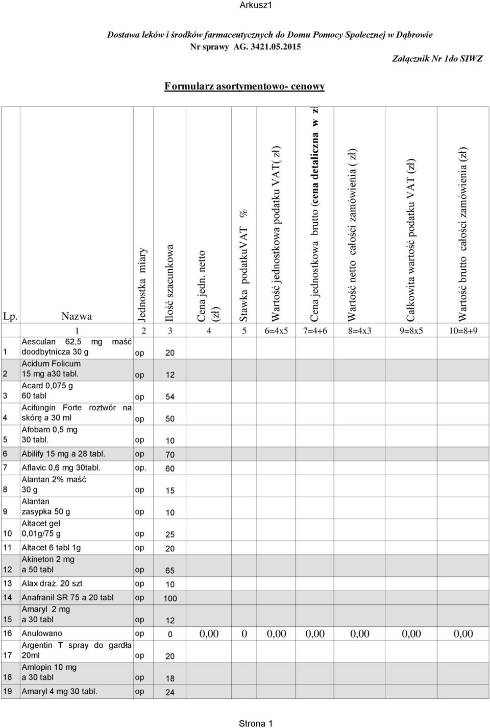 brutto całości zamówienia (zł) Arkusz1 Dostawa leków i środków farmaceutycznych do Domu Pomocy Społecznej w Dąbrowie Nr sprawy AG. 3421.05.