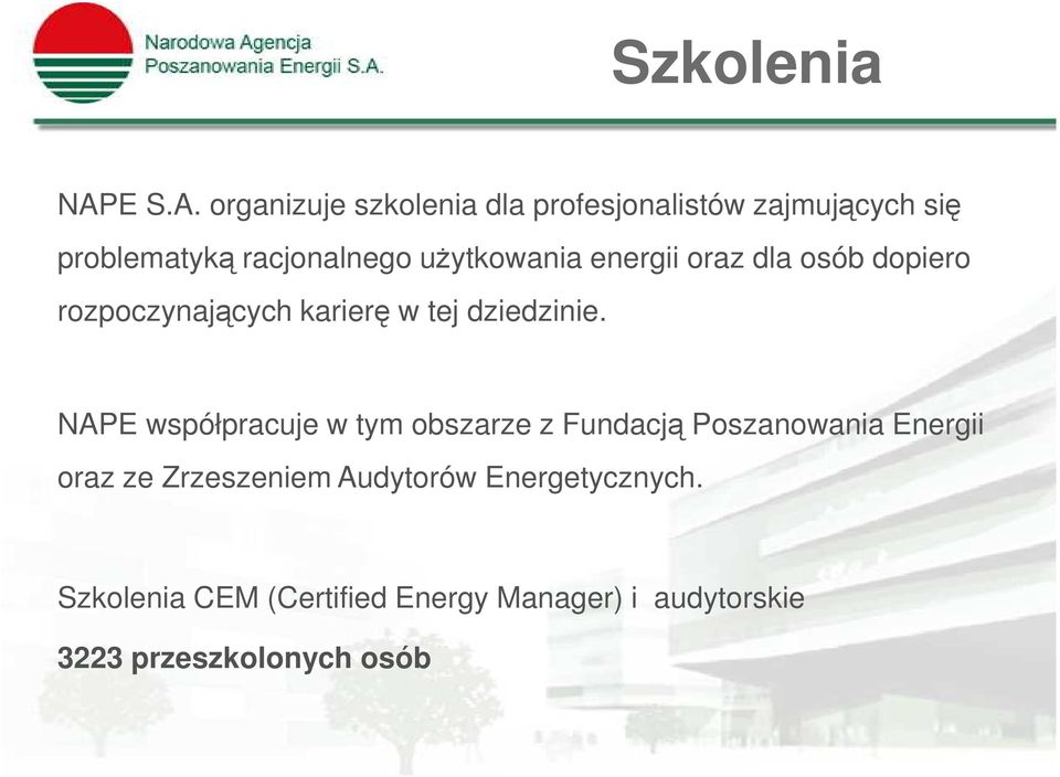 organizuje szkolenia dla profesjonalistów zajmujących się problematyką racjonalnego