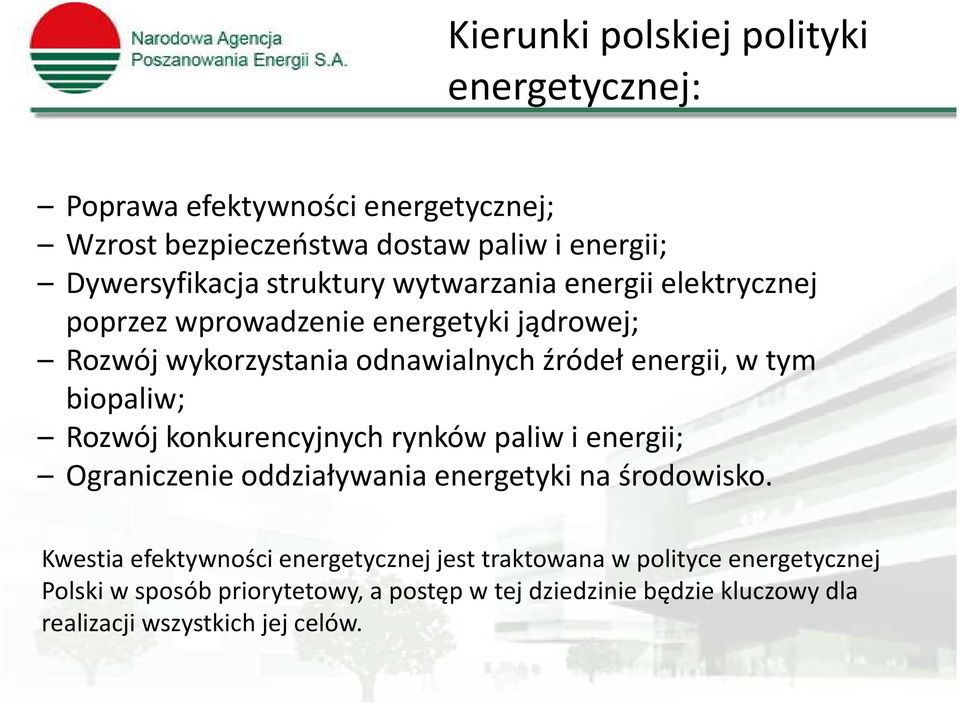 biopaliw; Rozwój konkurencyjnych rynków paliw i energii; Ograniczenie oddziaływania energetyki na środowisko.