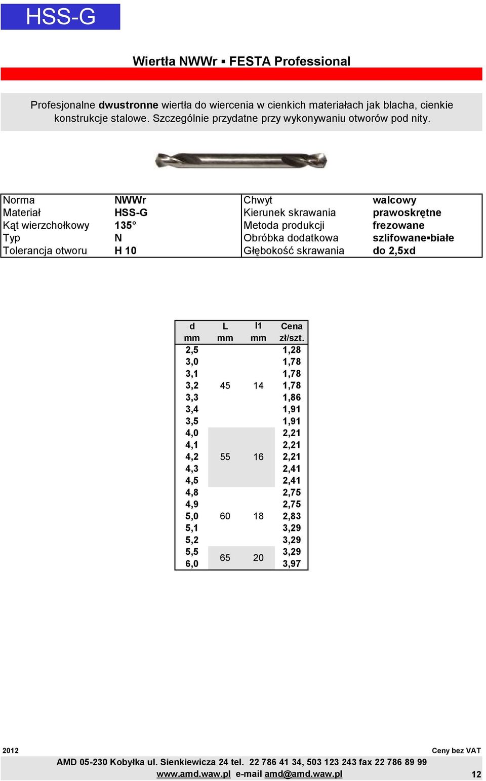 Norma Materiał Kąt wierzchołkowy Typ Tolerancja otworu NWWr HSS-G 135 N H 10 Chwyt Kierunek skrawania Metoda produkcji Obróbka dodatkowa Głębokość skrawania