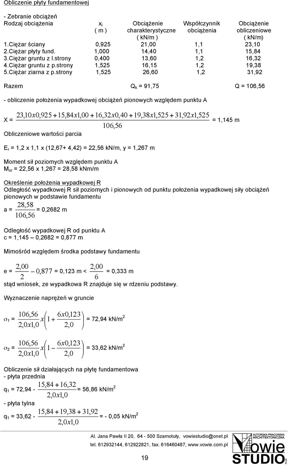 strony 1,55 6,60 1, 31,9 Razem Q k = 91,75 Q = 106,56 - obliczenie położenia wypadkowej obciążeń pionowych względem punktu A X = 3,10x 0,95 + 15,84x1,00 + 16,3x0,40 + 19,38x1,55 + 31,9x1,55 106,56