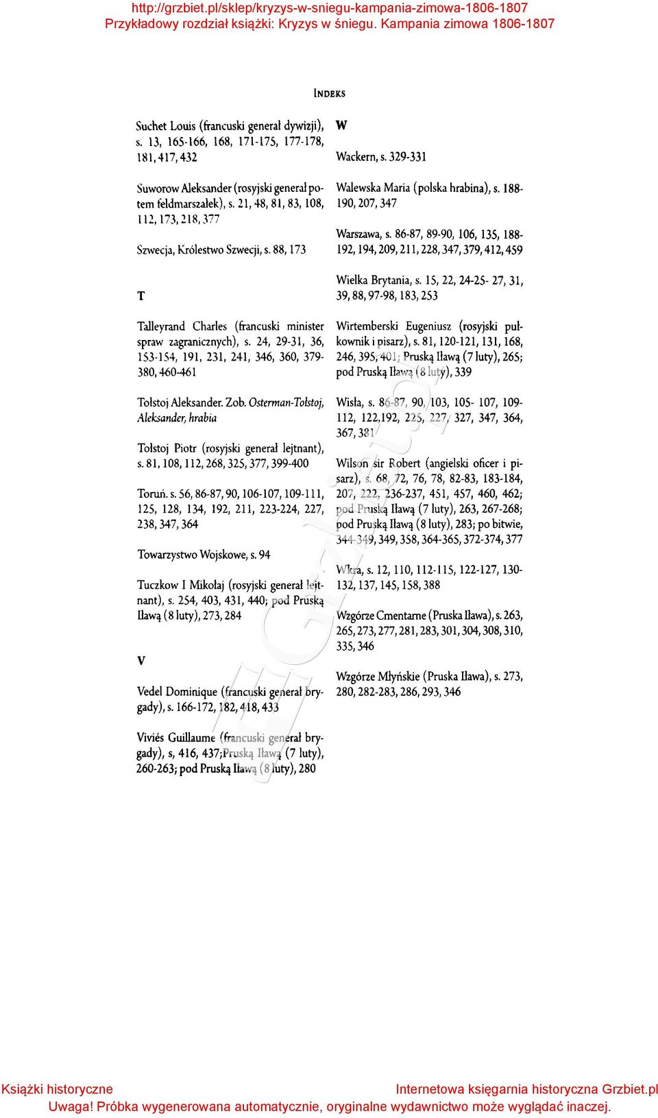 88, 173 192,194,209,211,228,347,379,412,459 T Talleyrand Charles {francuski rrumster spraw zagranicznych), s. 24, 29-31, 36, 153-154, 191, 231, 241, 346, 360, 379-380, 460-461 Wielka Brytania, s.