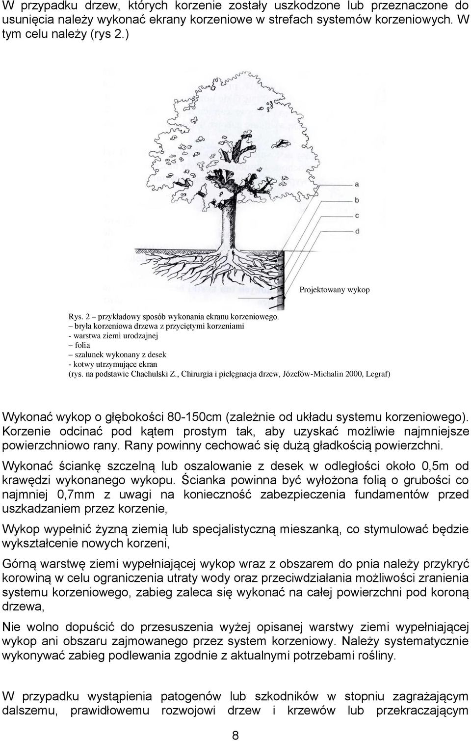 bryła korzeniowa drzewa z przyciętymi korzeniami - warstwa ziemi urodzajnej folia szalunek wykonany z desek - kotwy utrzymujące ekran (rys. na podstawie Chachulski Z.