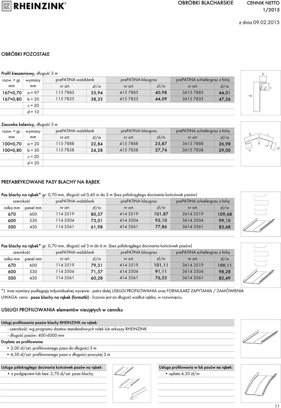 wymiary 100 0,70 a = 20 115 7888 22,84 415 7888 25,87 3615 7888 26,98 100 0,80 b = 30 115 7838 24,28 415 7838 27,74 3615 7838 29,00 c = 20 d 20 z folią PREFABRYKOWANE PASY BLACHY NA RĄBEK Pas blachy