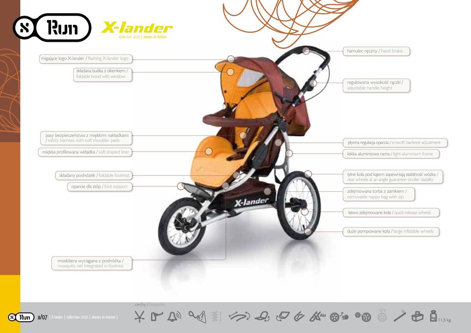 rama / light aluminium frame składany podnóżek / foldable footrest oparcie dla stóp / foot support tylne koła pod kątem zapewniają stabilność wózka / rear wheels at an angle guarantee stroller