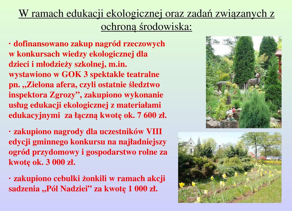 Zielona afera, czyli ostatnie śledztwo inspektora Zgrozy, zakupiono wykonanie usług edukacji ekologicznej z materiałami edukacyjnymi za łączną kwotę ok.