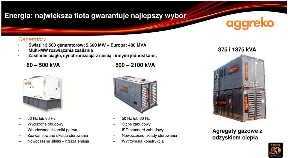 Hz lub 60 Hz Wyciszone obudowy Wbudowane zbiorniki paliwa Zaawansowane układu sterowania Nowoczesne silniki niższa emisja 50 Hz