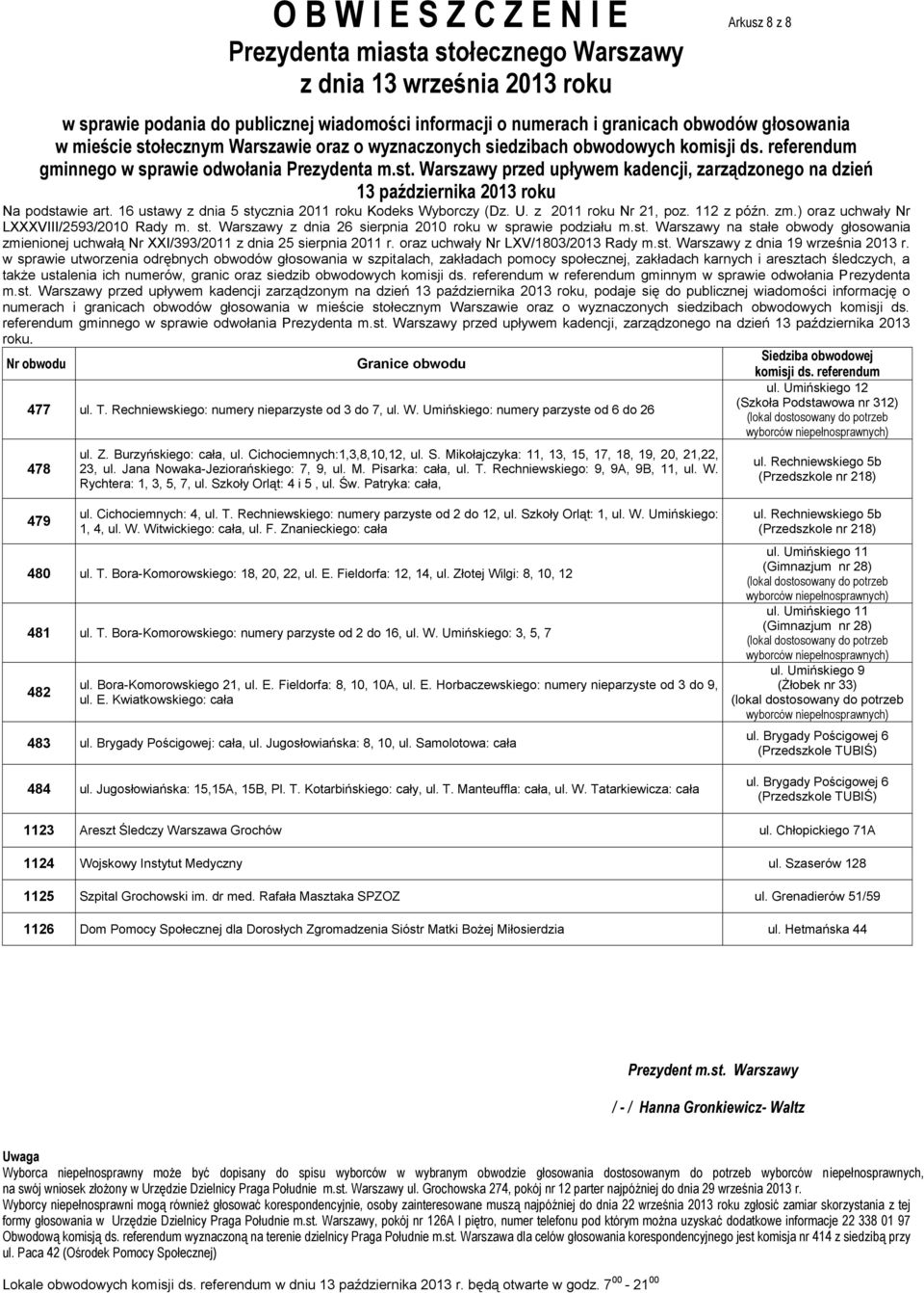 Cichociemnych:1,3,8,10,12, ul. S. Mikołajczyka: 11, 13, 15, 17, 18, 19, 20, 21,22, 23, ul. Jana Nowaka-Jeziorańskiego: 7, 9, ul. M. Pisarka: cała, ul. T. Rechniewskiego: 9, 9A, 9B, 11, ul. W.