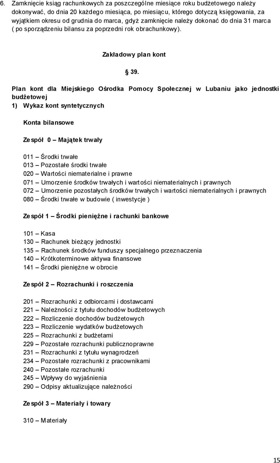 Plan kont dla Miejskiego Ośrodka Pomocy Społecznej w Lubaniu jako jednostki budżetowej 1) Wykaz kont syntetycznych Konta bilansowe Ze spół 0 jątek trwały 011 Środki trwałe 013 Pozostałe środki trwałe