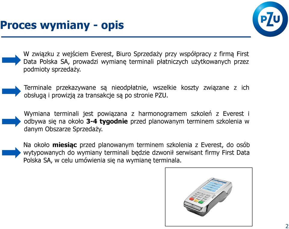 Wymiana terminali jest powiązana z harmonogramem szkoleń z Everest i odbywa się na około 3-4 tygodnie przed planowanym terminem szkolenia w danym Obszarze Sprzedaży.