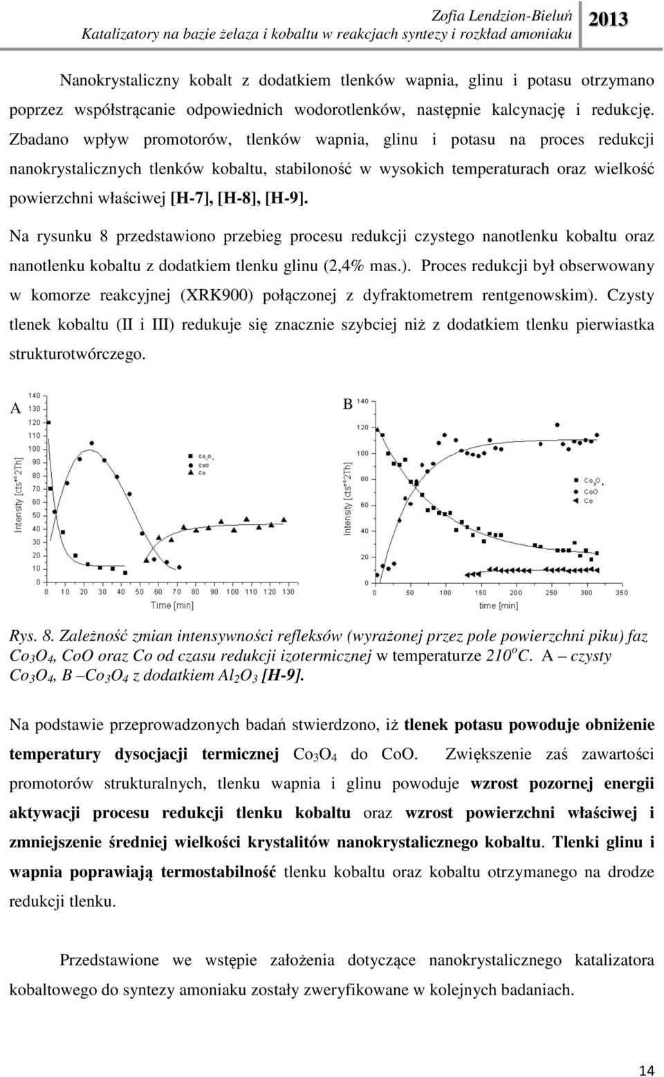 [H-9]. Na rysunku 8 przedstawiono przebieg procesu redukcji czystego nanotlenku kobaltu oraz nanotlenku kobaltu z dodatkiem tlenku glinu (2,4% mas.).