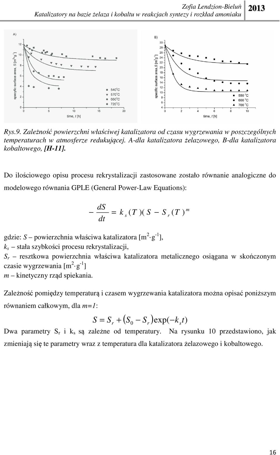 właściwa katalizatora [m 2 g -1 ], k s stała szybkości procesu rekrystalizacji, S r resztkowa powierzchnia właściwa katalizatora metalicznego osiągana w skończonym czasie wygrzewania [m 2 g -1 ] m