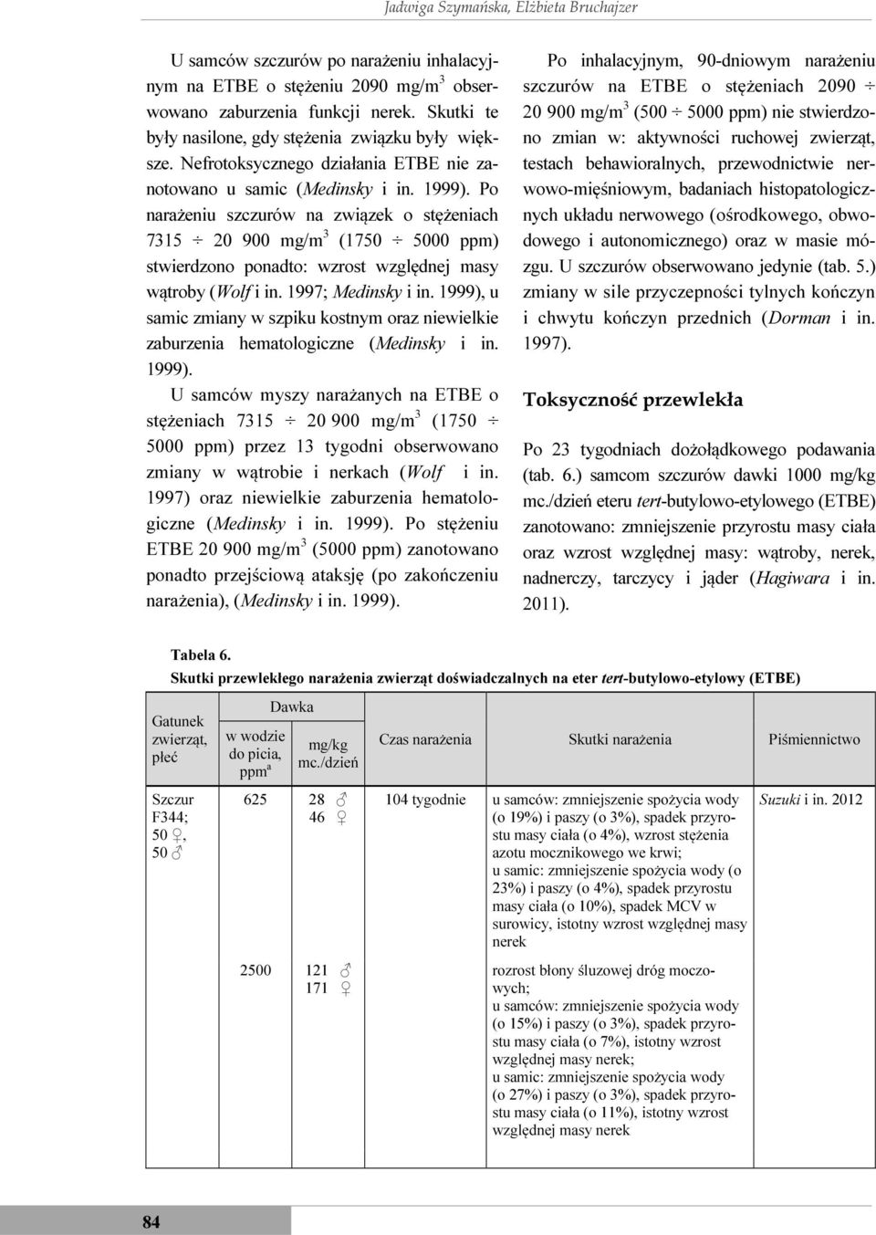 Po narażeniu szczurów na związek o stężeniach 7315 20 900 mg/m 3 (1750 5000 ppm) stwierdzono ponadto: wzrost względnej masy wątroby (Wolf i in. 1997; Medinsky i in.