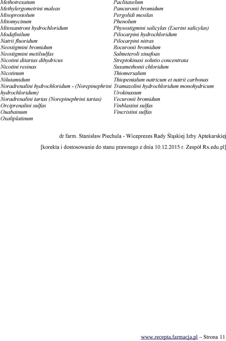 Paclitaxelum Pancuronii bromidum Pergolidi mesilas Phenolum Physostigmini salicylas (Eserini salicylas) Pilocarpini hydrochloridum Pilocarpini nitras Rocuronii bromidum Salmeteroli xinafoas