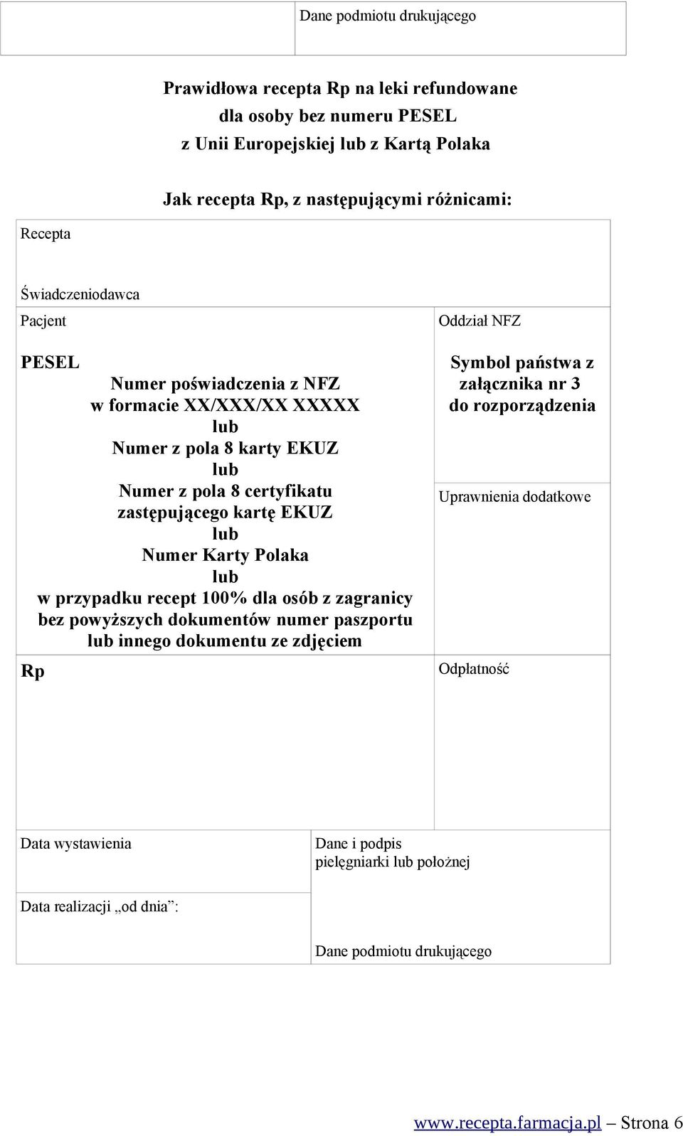 Polaka lub w przypadku recept 100% dla osób z zagranicy bez powyższych dokumentów numer paszportu lub innego dokumentu ze zdjęciem Rp Oddział NFZ Symbol państwa z załącznika nr 3 do