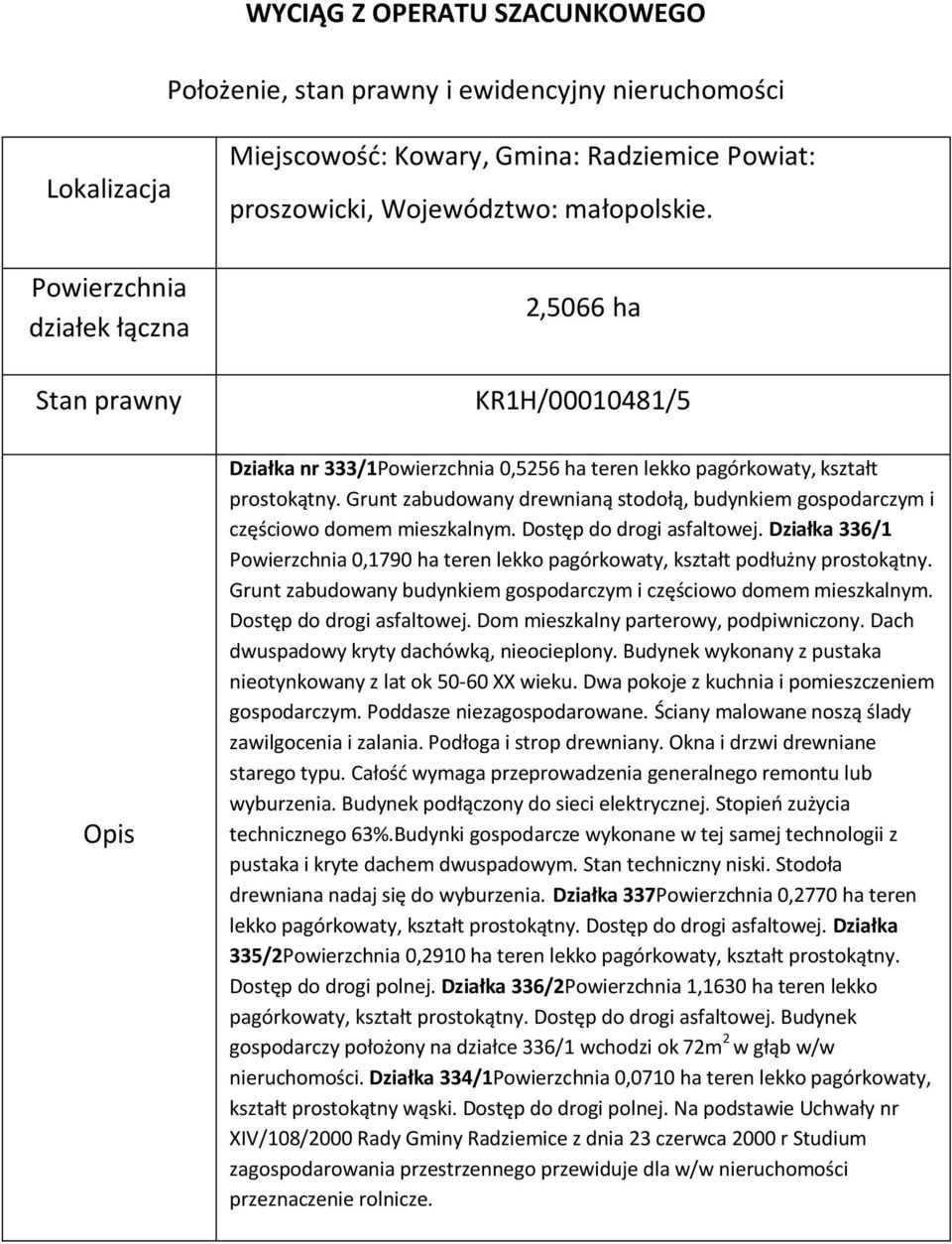 Grunt zabudowany drewnianą stodołą, budynkiem gospodarczym i częściowo domem mieszkalnym. Dostęp do drogi asfaltowej.