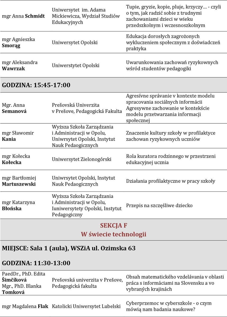 wczesnoszkolnym Edukacja dorosłych zagrożonych wykluczeniem społecznym z doświadczeń praktyka Uwarunkowania zachowań ryzykownych wśród studentów pedagogiki GODZINA: 15:45-17:00 Mgr.