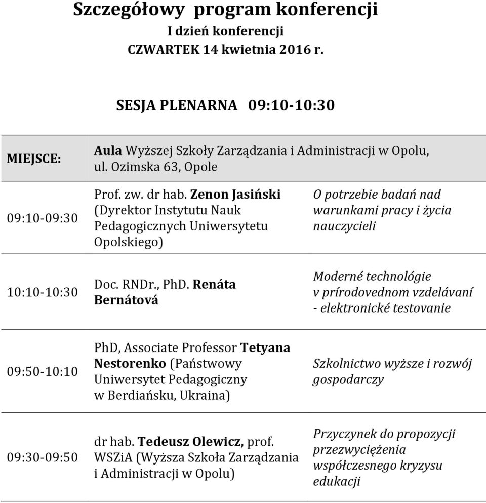 Renáta Bernátová O potrzebie badań nad warunkami pracy i życia nauczycieli Moderné technológie v prírodovednom vzdelávaní - elektronické testovanie 09:50-10:10 PhD, Associate Professor