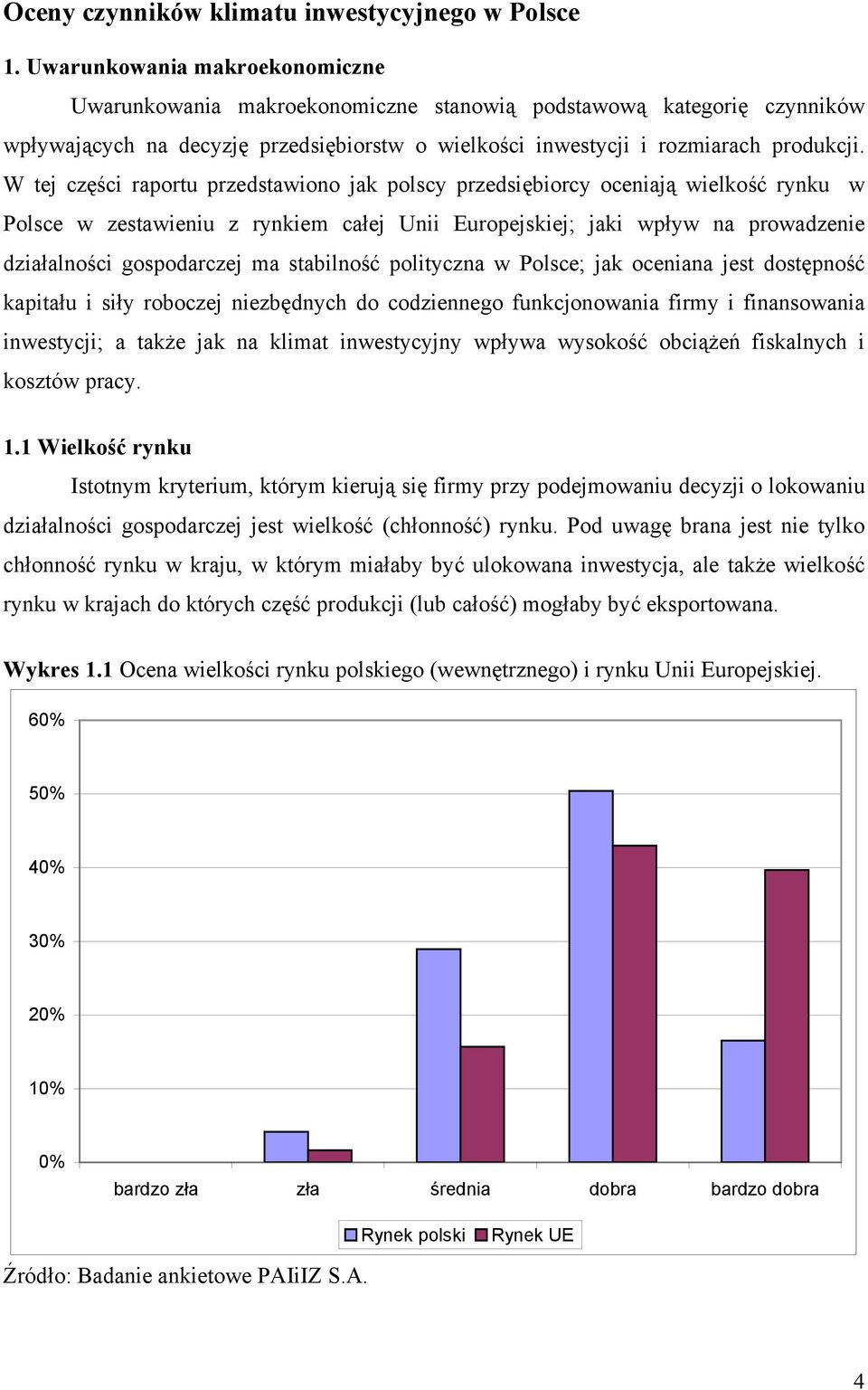 W tej części raportu przedstawiono jak polscy przedsiębiorcy oceniają wielkość rynku w Polsce w zestawieniu z rynkiem całej Unii Europejskiej; jaki wpływ na prowadzenie działalności gospodarczej ma