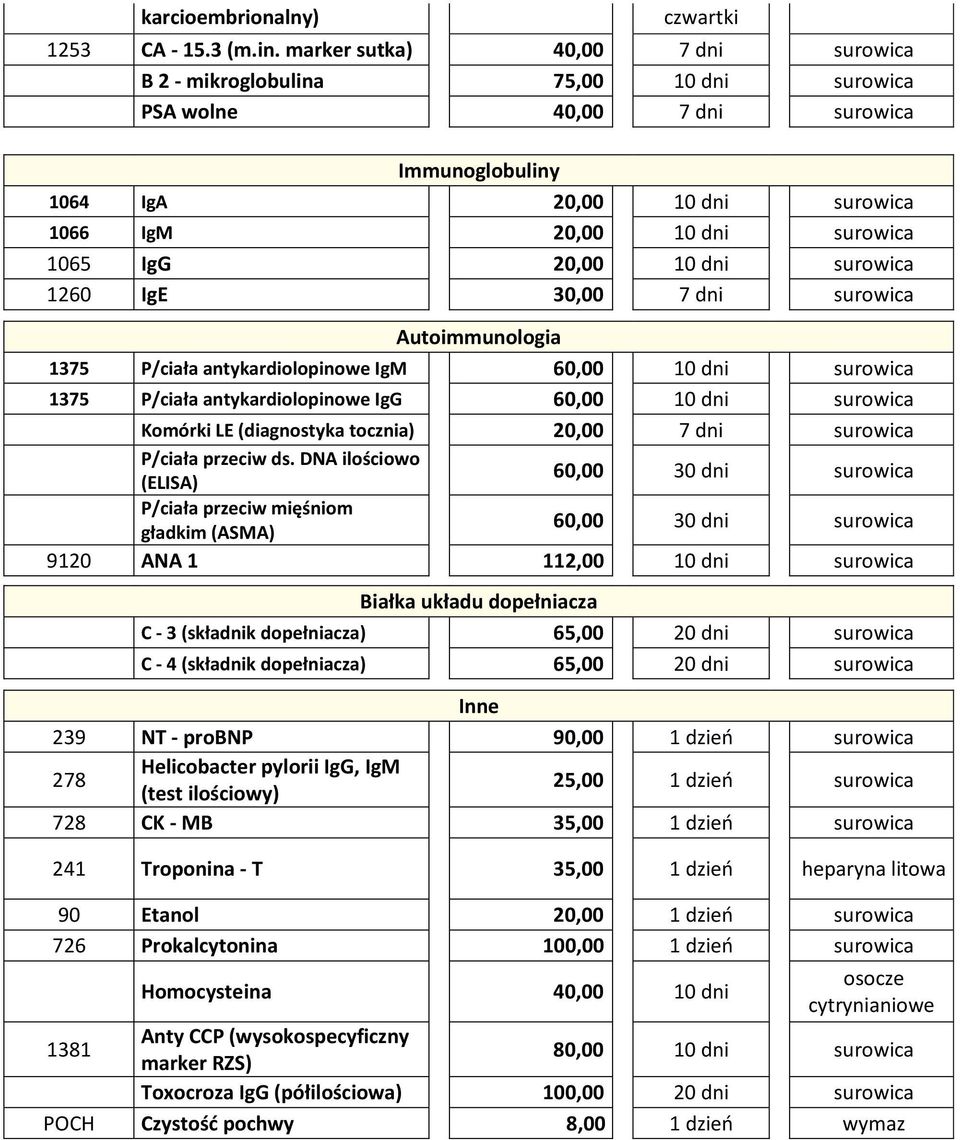 P/ciała antykardiolopinowe IgM 60,00 10 dni 1375 P/ciała antykardiolopinowe IgG 60,00 10 dni Komórki LE (diagnostyka tocznia) 20,00 7 dni P/ciała przeciw ds.