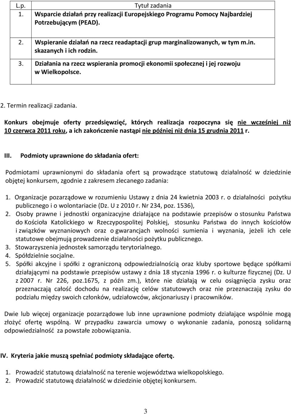 Konkurs obejmuje oferty przedsięwzięć, których realizacja rozpoczyna się nie wcześniej niż 10 czerwca 2011 roku, a ich zakończenie nastąpi nie później niż dnia 15 grudnia 2011 r. III.