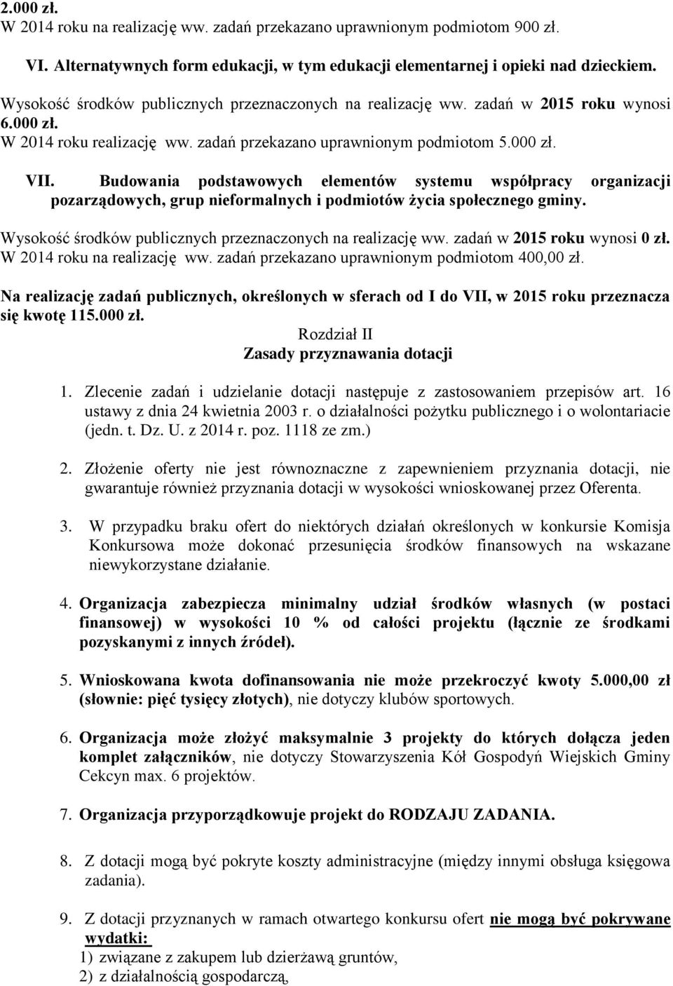 W 2014 roku na realizację ww. zadań przekazano uprawnionym podmiotom 400,00 zł. Na realizację zadań publicznych, określonych w sferach od I do VII, w 2015 roku przeznacza się kwotę 115.000 zł.