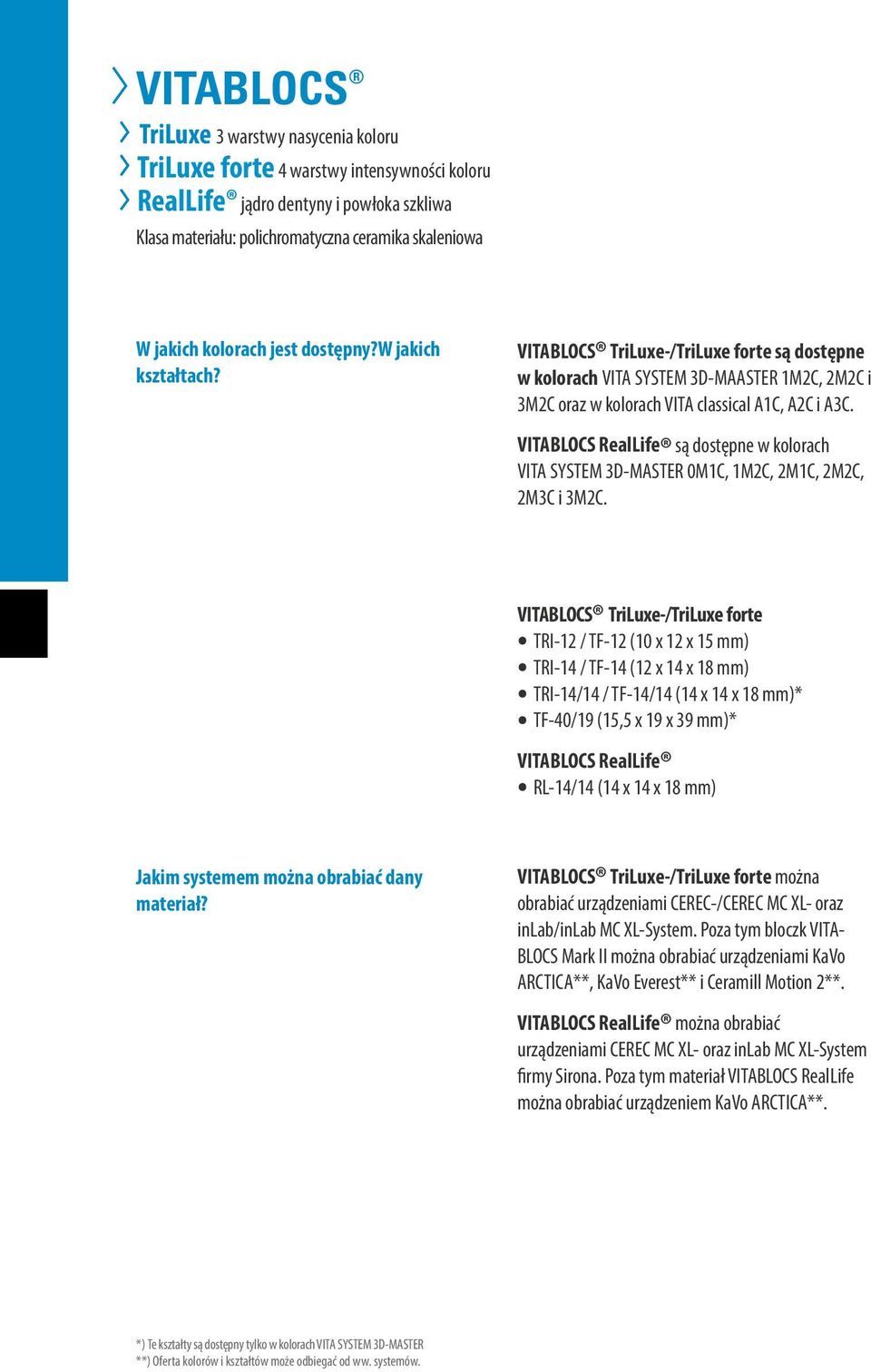 VITABLOCS RealLife są dostępne w kolorach VITA SYSTEM 3D-MASTER 0M1C, 1M2C, 2M1C, 2M2C, 2M3C i 3M2C.