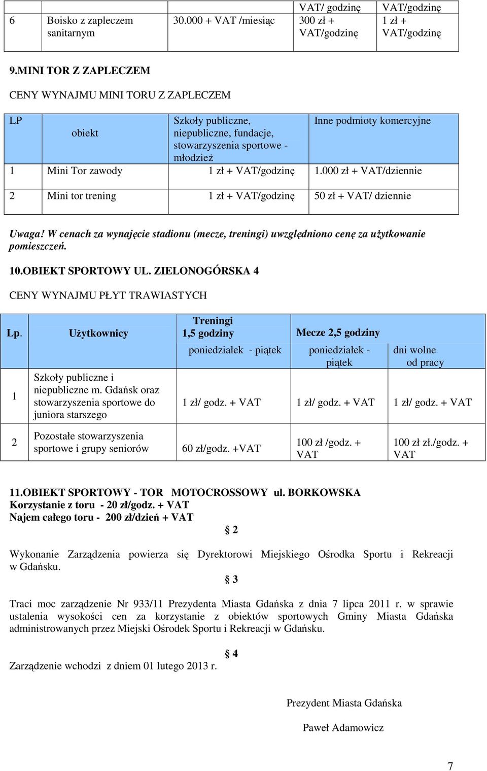 000 zł /dziennie Mini tor trening zł /godzinę 50 zł / dziennie Uwaga! W cenach za wynajęcie stadionu (mecze, treningi) uwzględniono cenę za uŝytkowanie pomieszczeń. 0.OBIEKT SPORTOWY UL.