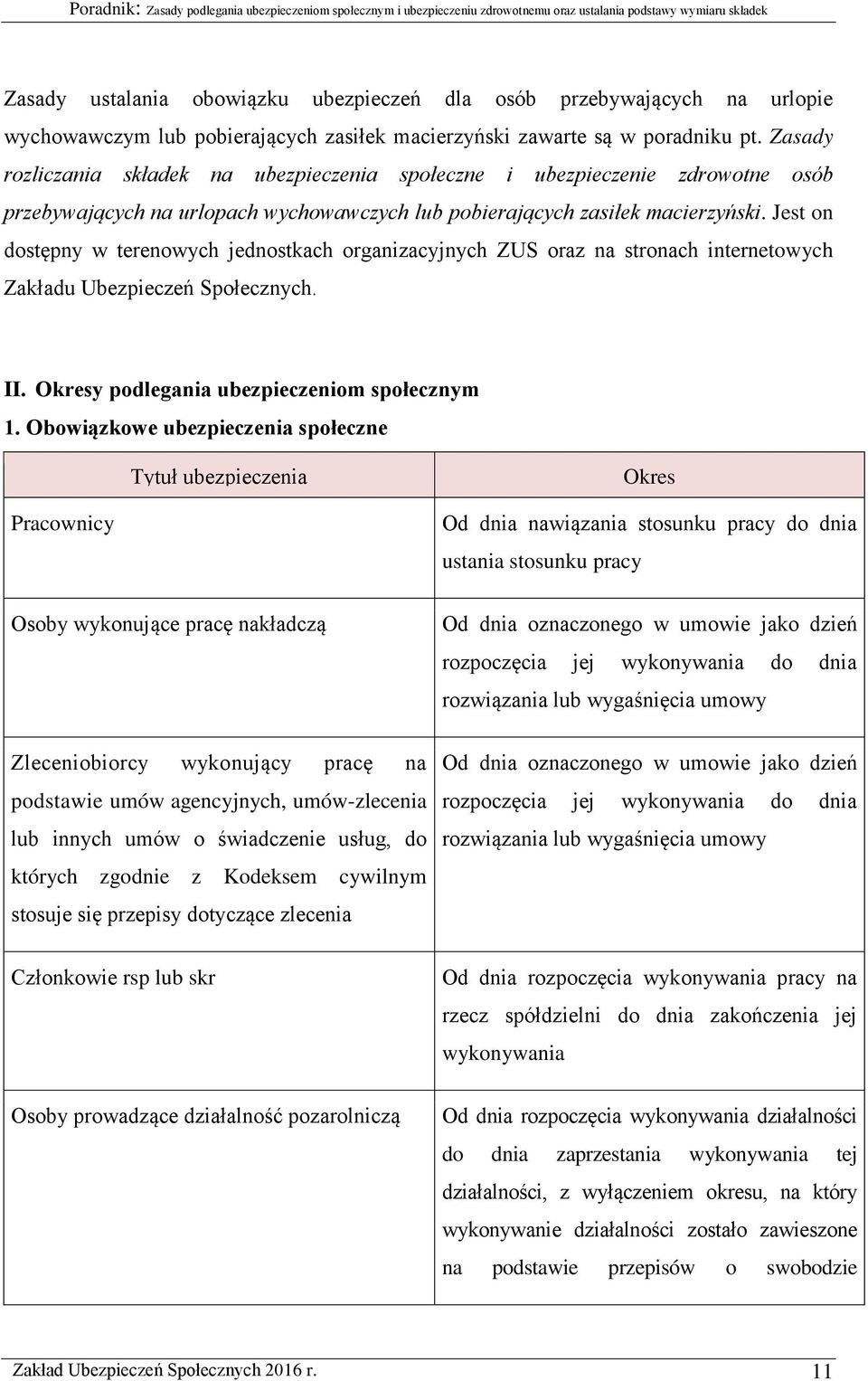 Jest on dostępny w terenowych jednostkach organizacyjnych ZUS oraz na stronach internetowych Zakładu Ubezpieczeń Społecznych. II. Okresy podlegania ubezpieczeniom społecznym 1.