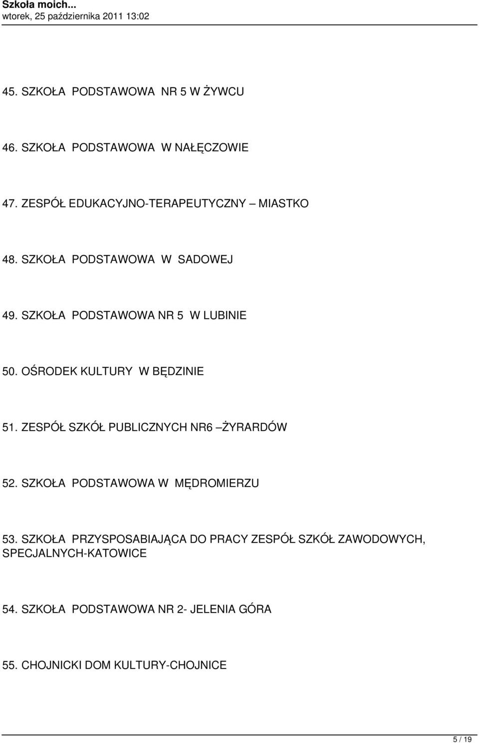 OŚRODEK KULTURY W BĘDZINIE 51. ZESPÓŁ SZKÓŁ PUBLICZNYCH NR6 ŻYRARDÓW 52. SZKOŁA PODSTAWOWA W MĘDROMIERZU 53.