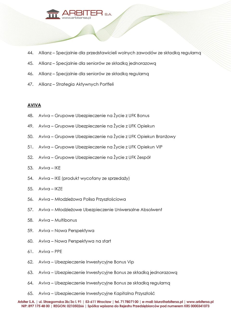 Aviva Grupowe Ubezpieczenie na Życie z UFK Opiekun Branżowy 51. Aviva Grupowe Ubezpieczenie na Życie z UFK Opiekun VIP 52. Aviva Grupowe Ubezpieczenie na Życie z UFK Zespół 53. Aviva IKE 54.